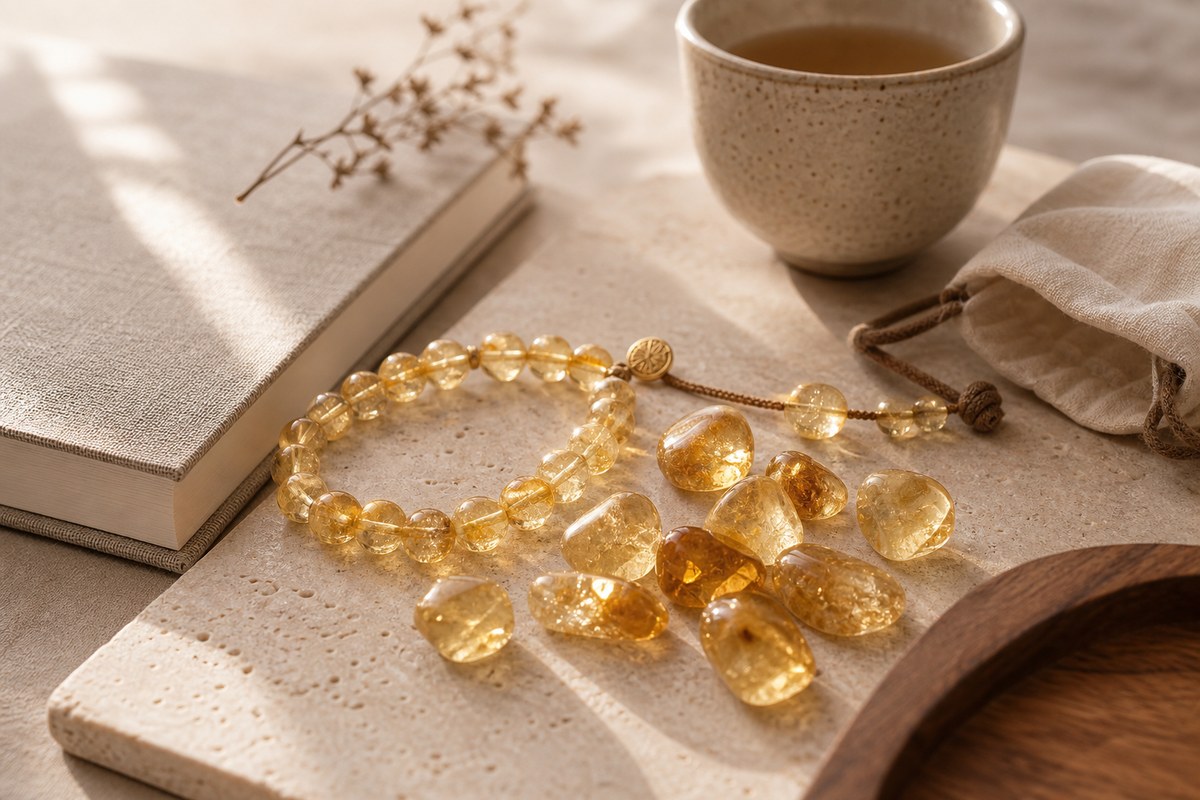 Transparent golden citrine stones and beads beside a closed notebook and ceramic cup