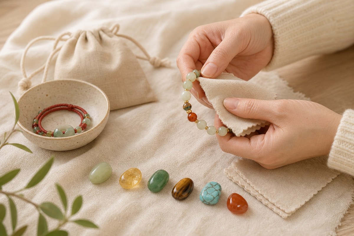 Hands arranging gemstone beads and polished stones on a soft cloth beside a linen pouch