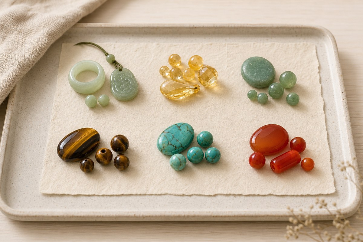 Six groups of jade, citrine, green aventurine, tiger eye, turquoise, and red carnelian arranged on an ivory tray