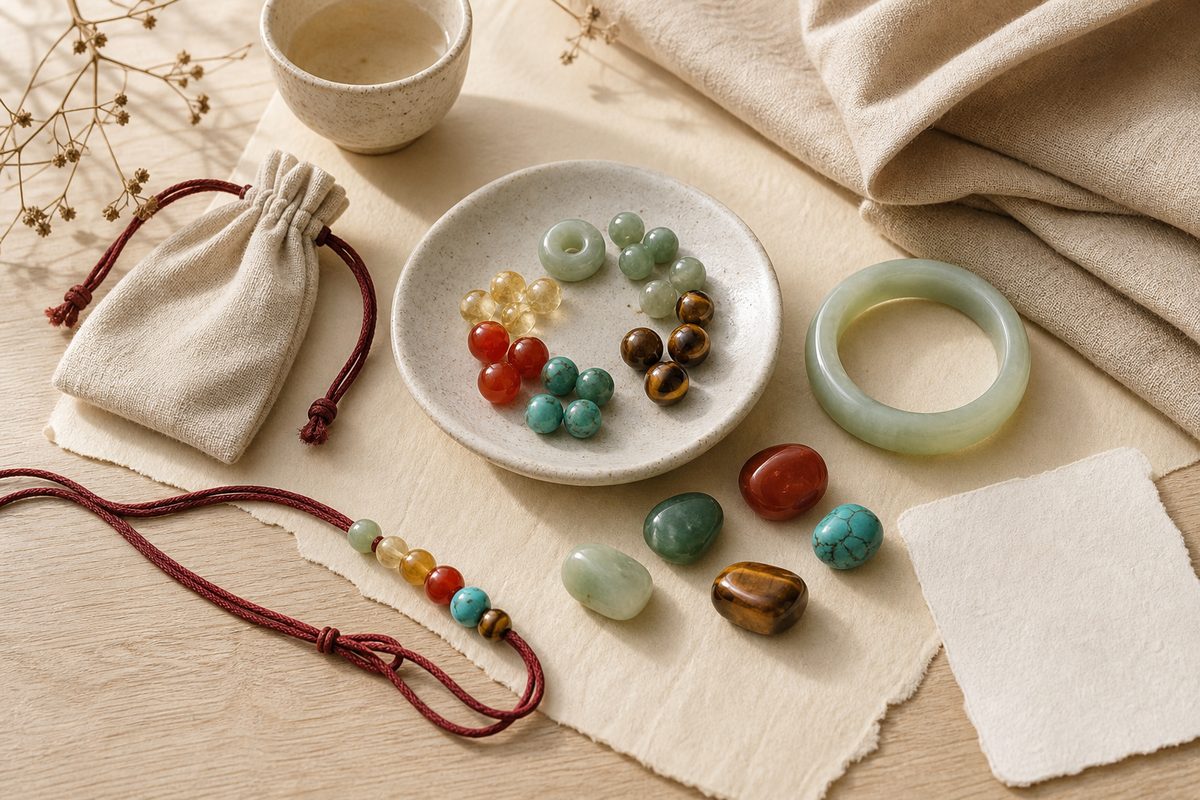 Gemstone beads, polished stones, red cord, and a blank note arranged on warm paper and linen
