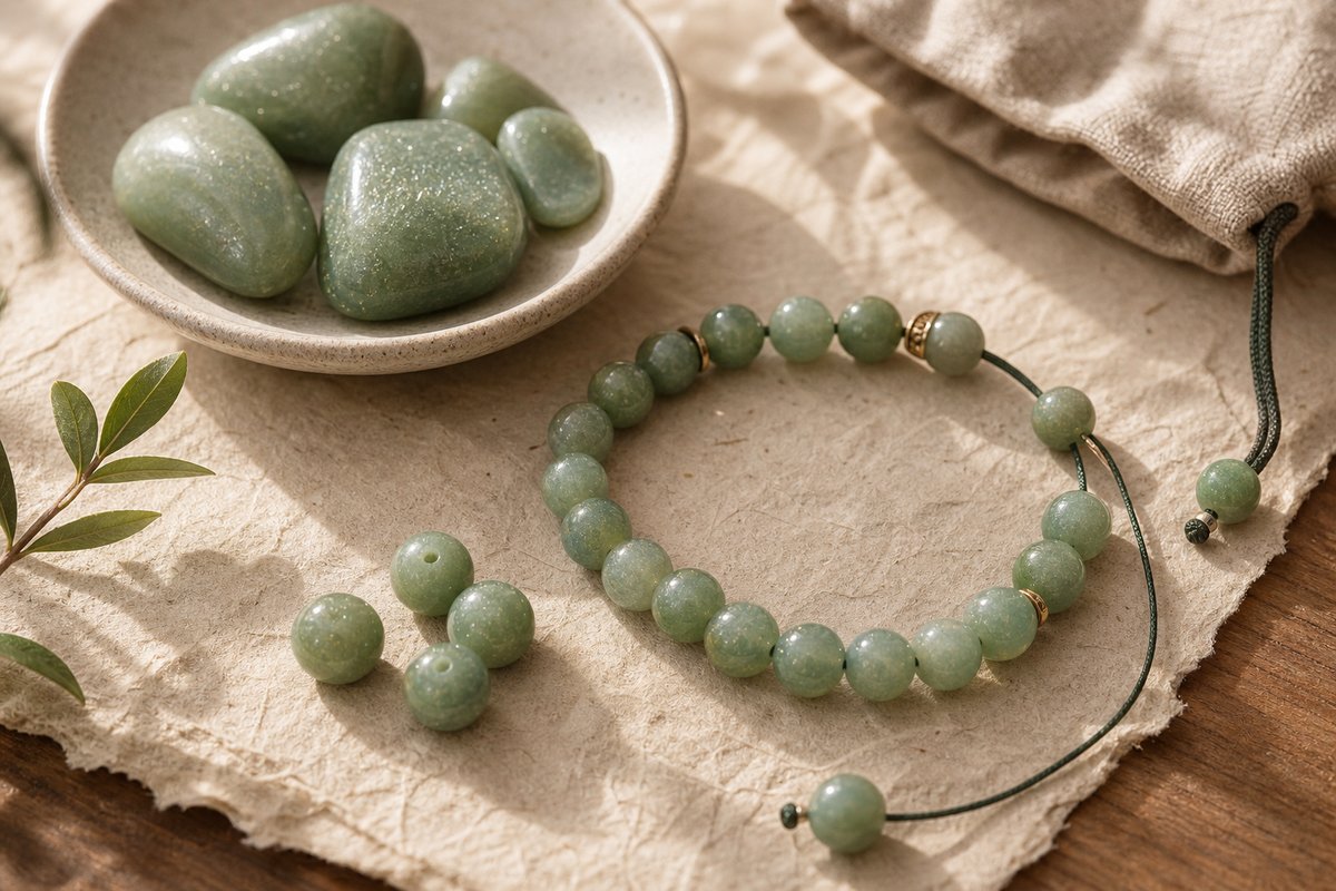 Green aventurine beads and polished stones with subtle mica sparkle on warm ivory linen