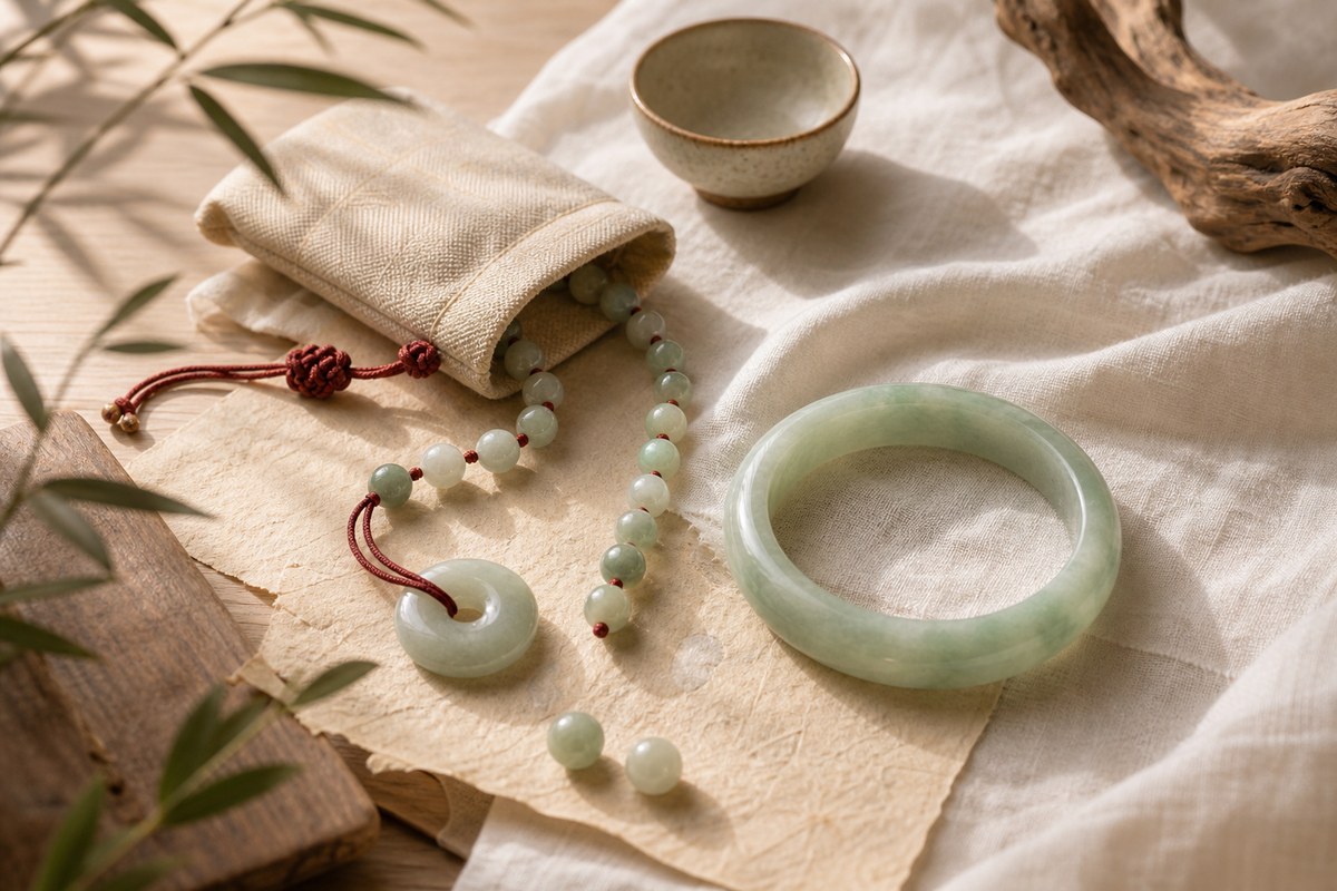 Pale green jade bangle, jade beads, red cord, and linen pouch on warm parchment