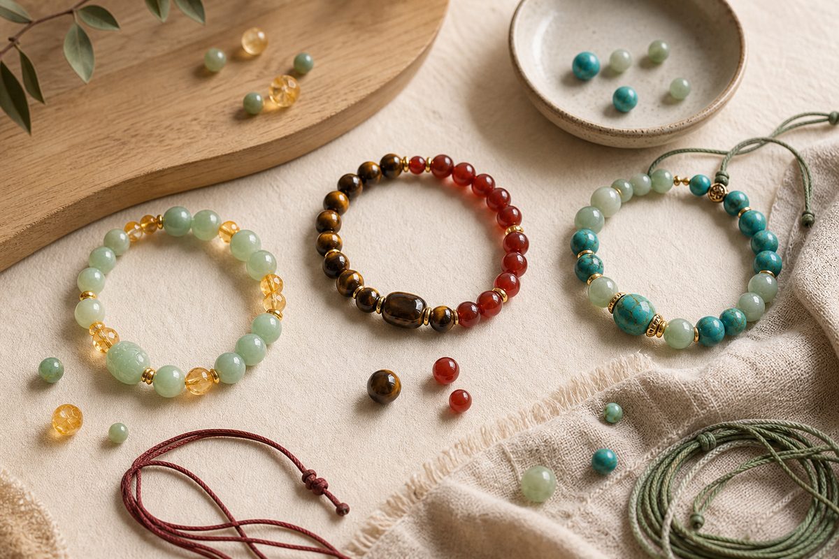 Three gemstone bracelet combinations arranged with jade, citrine, tiger eye, carnelian, turquoise, and green aventurine beads
