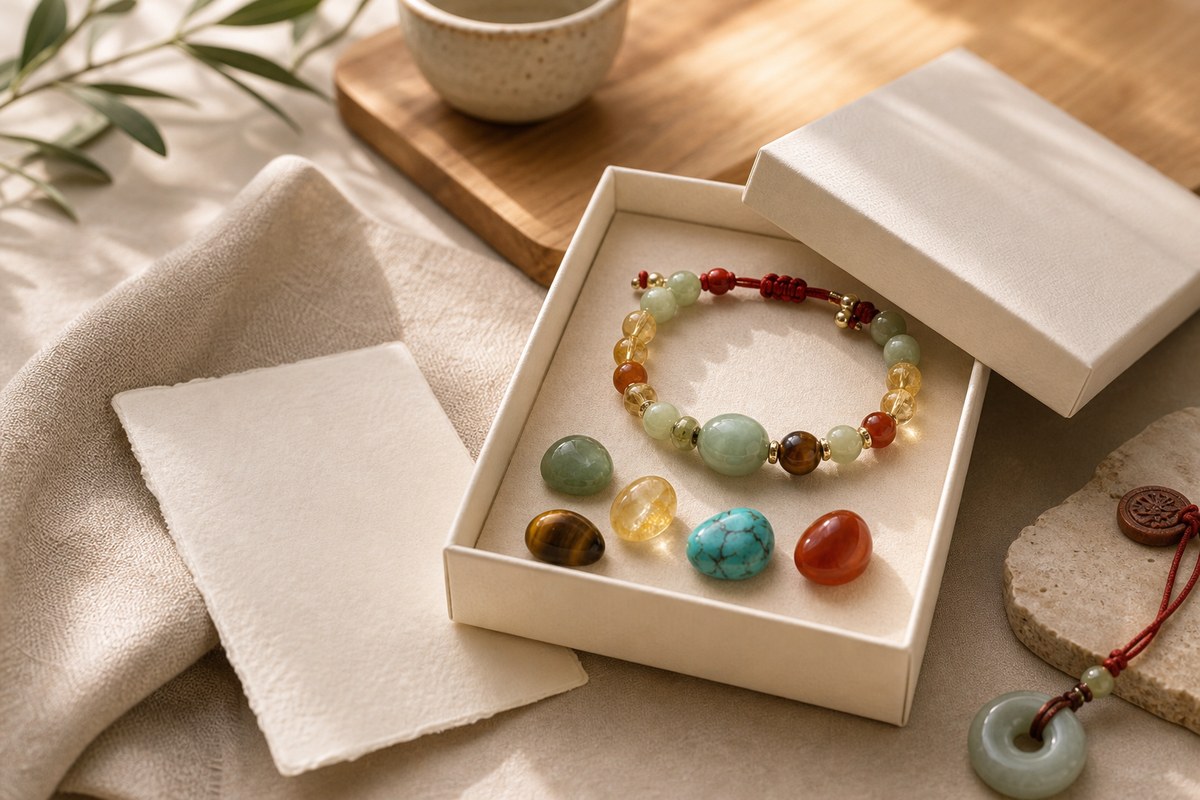 Lucky gemstone bracelet and polished stones arranged in a cream gift box with a blank card