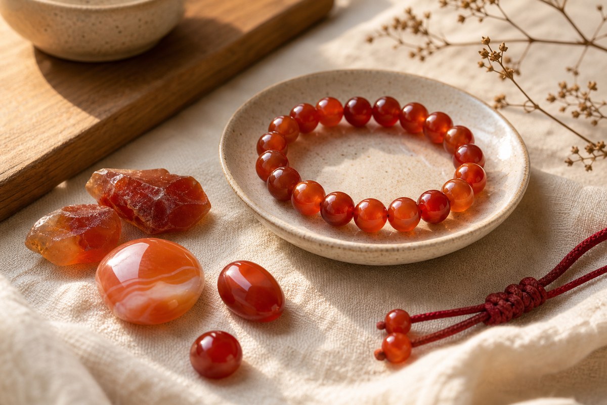 Red orange carnelian beads and polished stones on warm ivory linen
