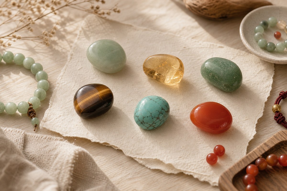 Six polished lucky gemstones including jade, citrine, green aventurine, tiger eye, turquoise, and red carnelian on warm ivory paper