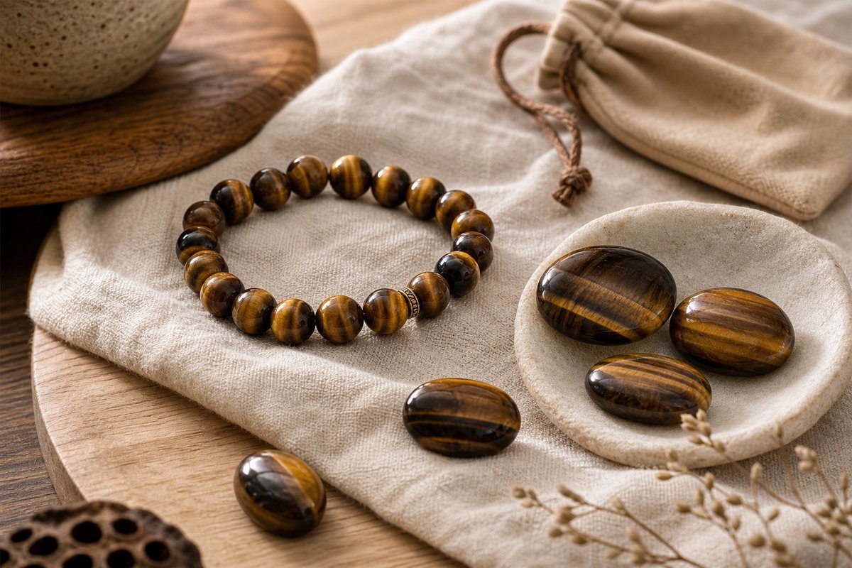 Tiger eye beads and polished stones with brown gold cat-eye bands on ivory linen
