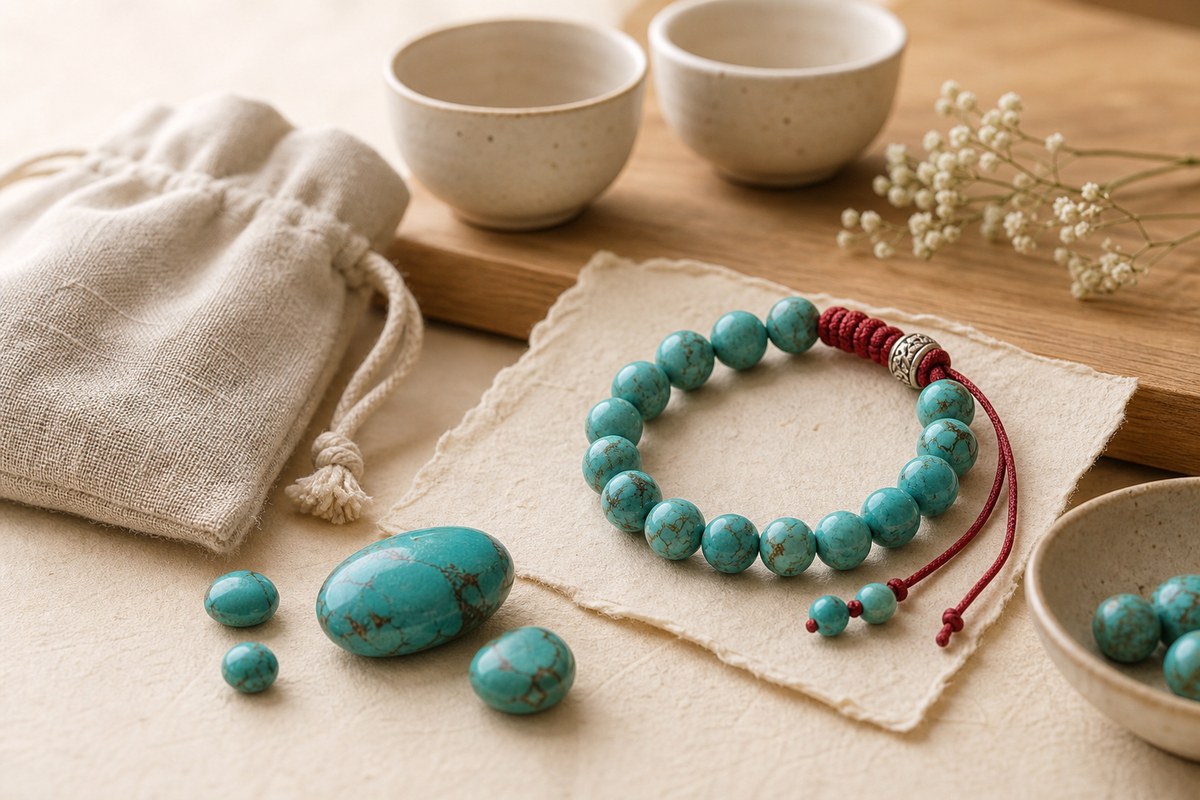 Blue green turquoise beads and polished stones with subtle matrix lines beside a linen pouch and blank card