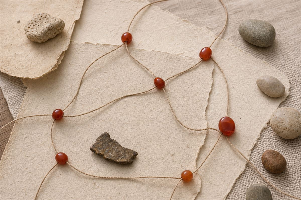 Red carnelian beads placed along natural fiber cords on layered parchment