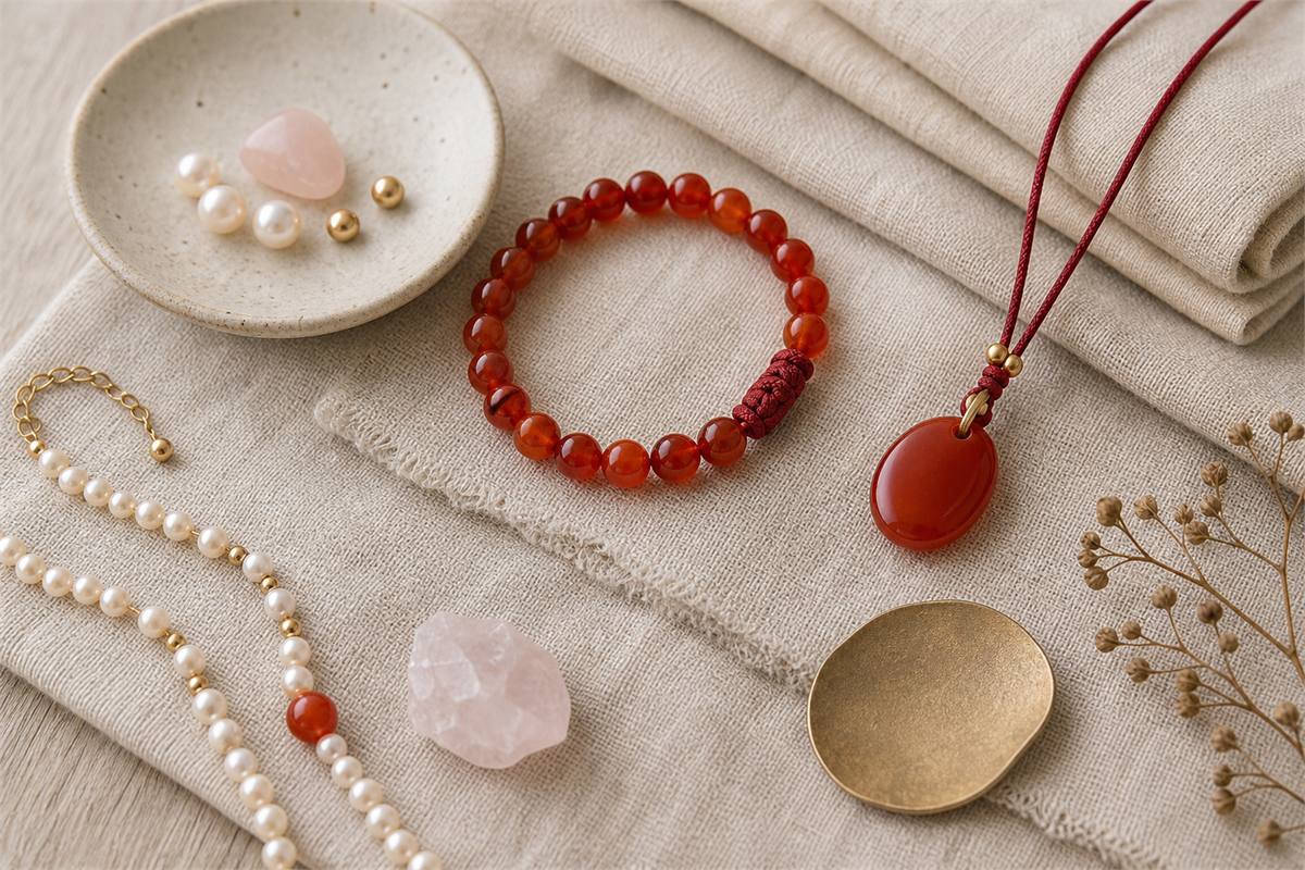 Red carnelian bracelet and pendant styled with pearl-like beads, rose quartz, linen, and a matte metal accent