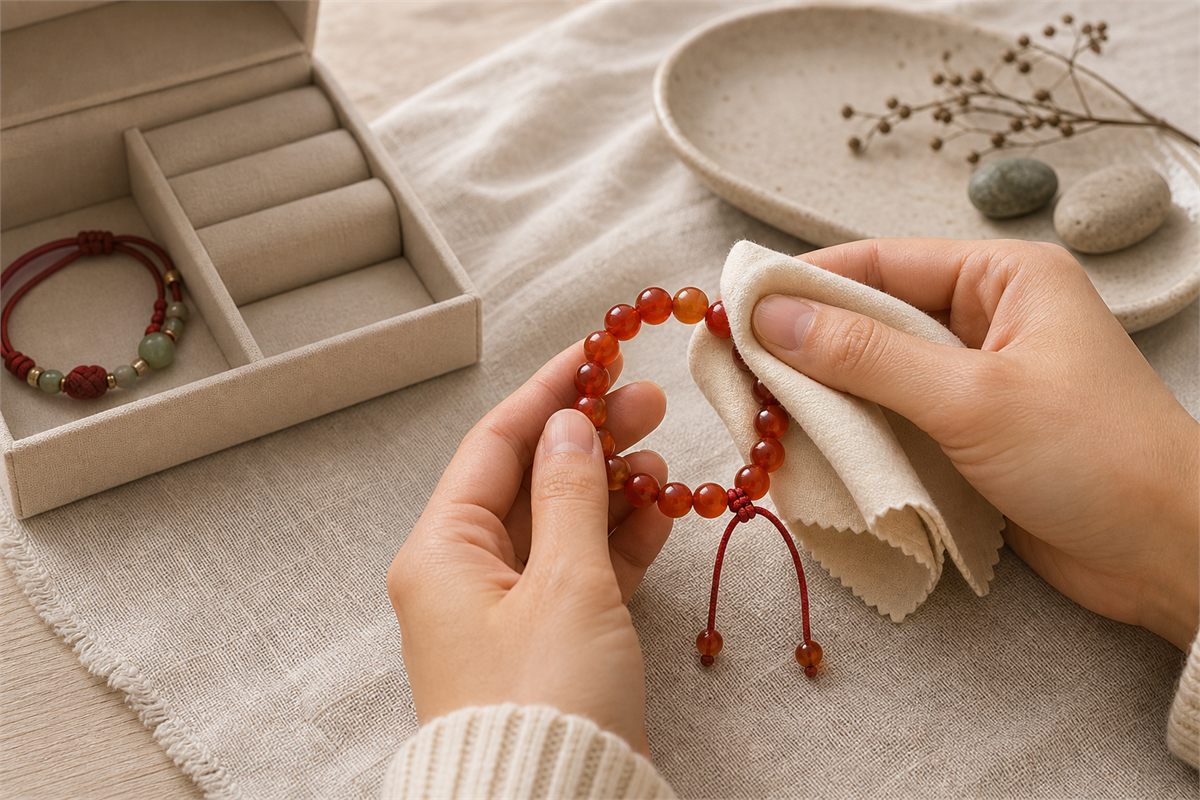 A hand gently cleaning a red carnelian bracelet with a soft cloth beside a tray and jewelry box