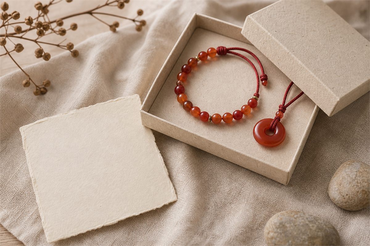 Red carnelian bracelet and pendant in a simple ivory gift box with a blank card