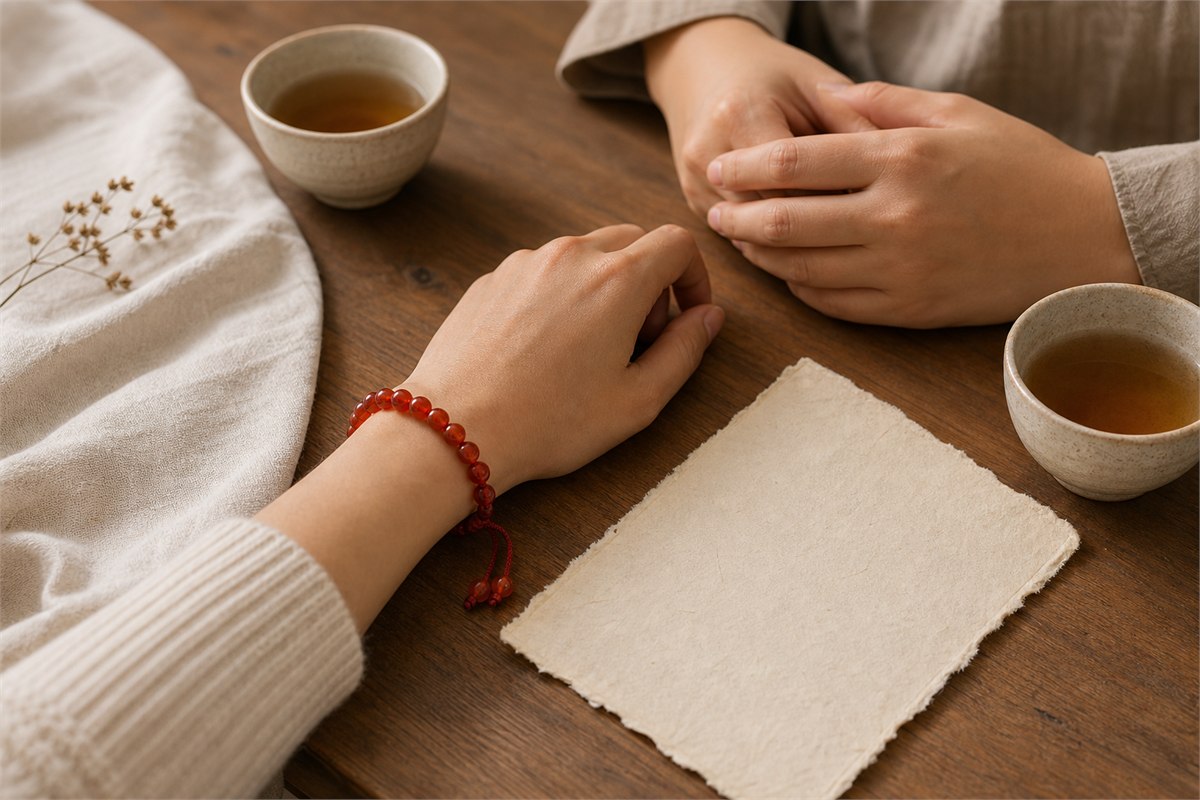 Two relaxed hands near ceramic cups with one hand wearing a red carnelian bracelet