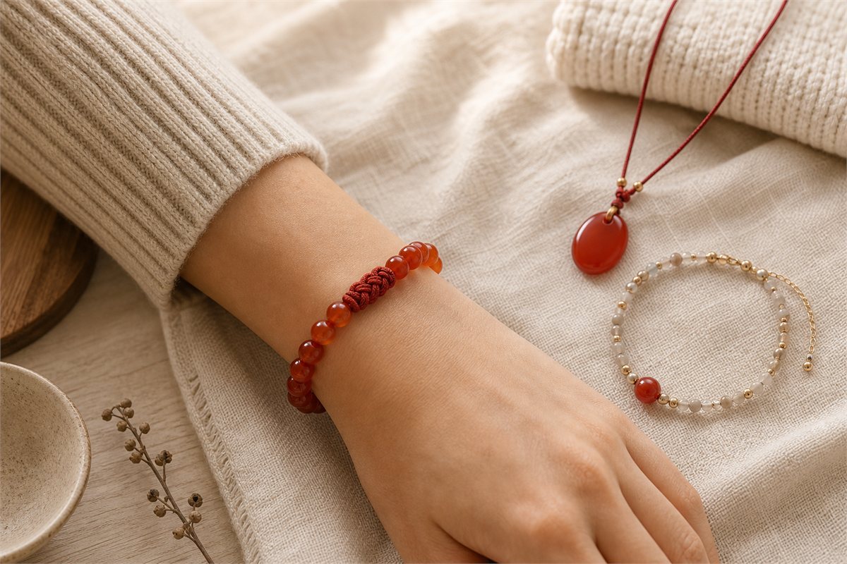 A wrist wearing a red carnelian bracelet with a matching pendant and neutral layering jewelry nearby