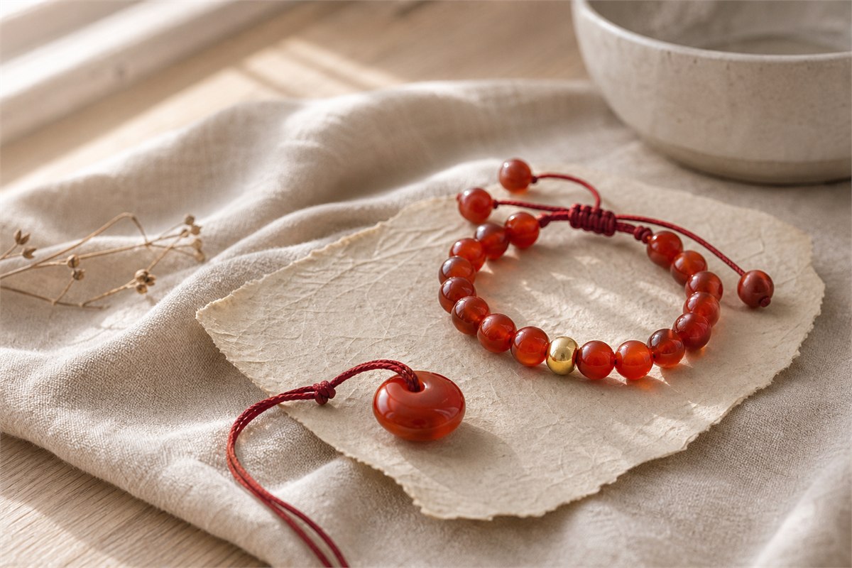 Red carnelian bracelet and pendant arranged on ivory cloth in soft window light