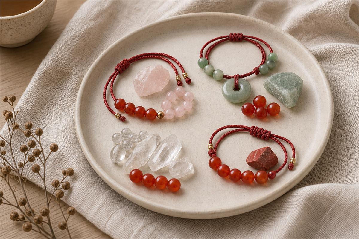 Red carnelian beads grouped with rose quartz, clear quartz, green aventurine, and red cord on an ivory tray