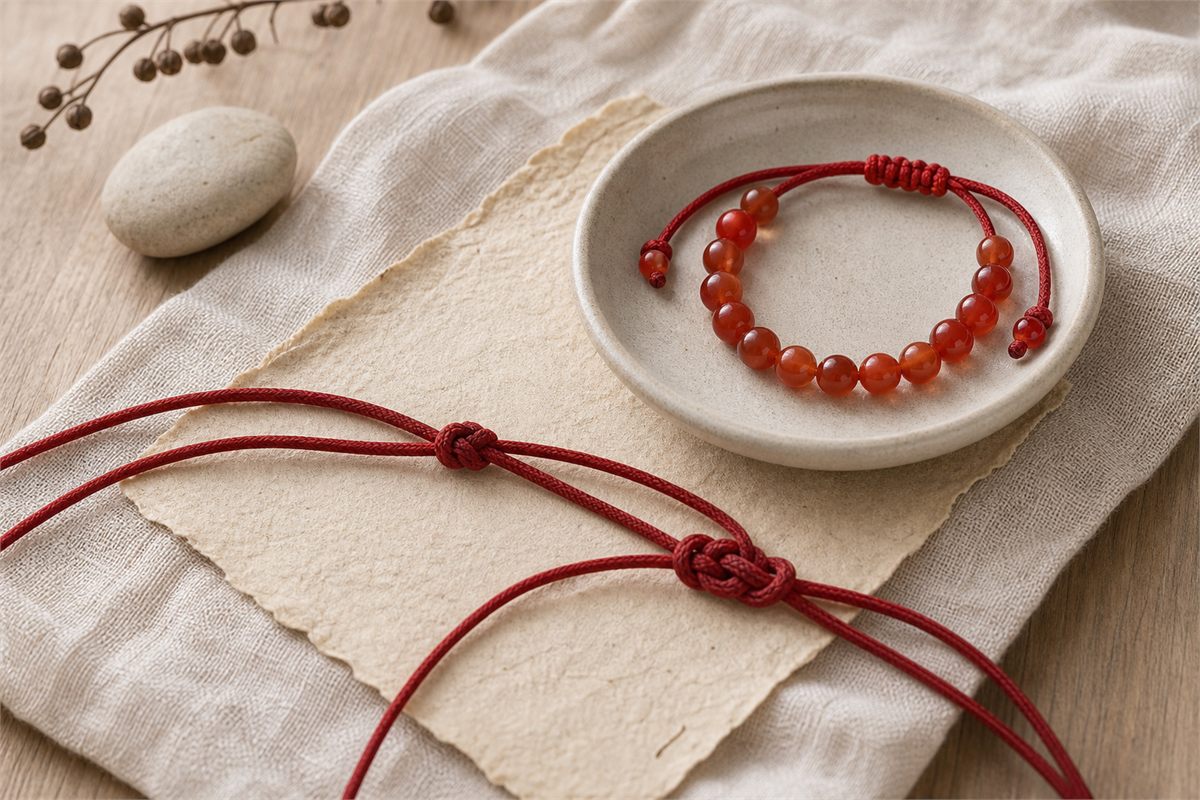 Red carnelian bracelet and knotted red cords arranged on ivory linen and parchment