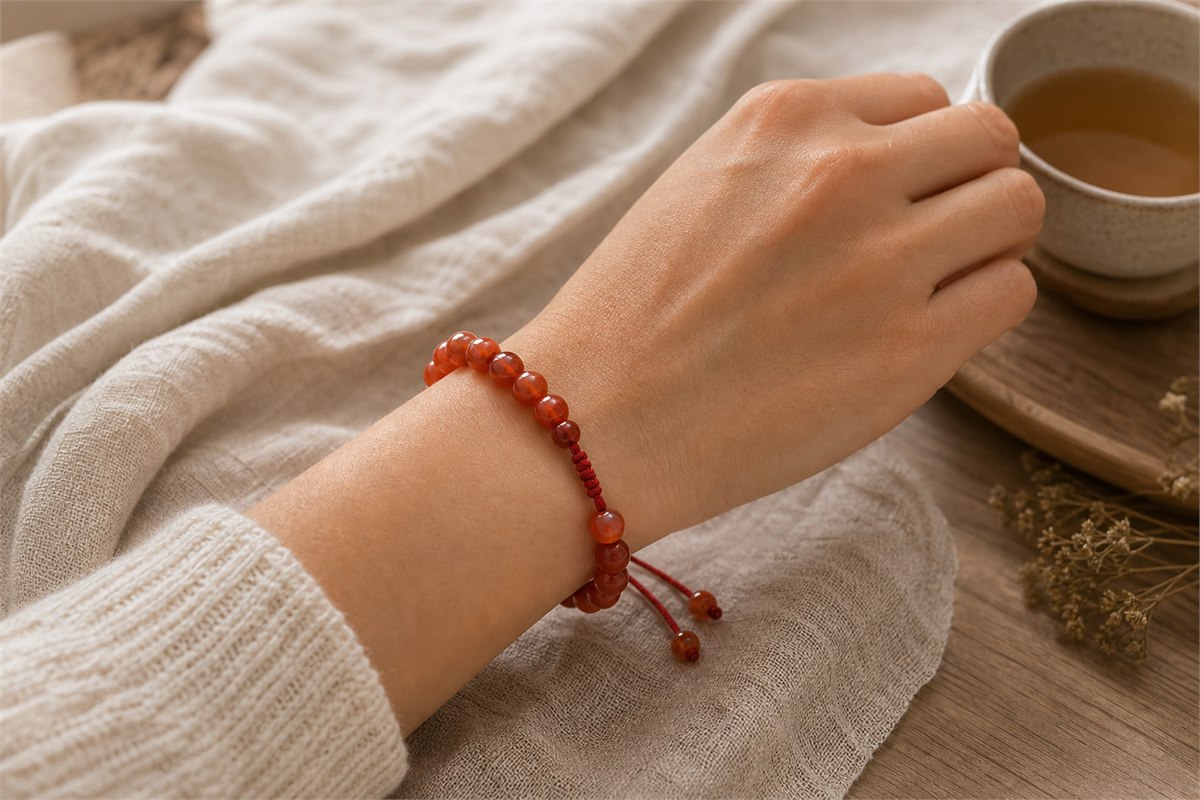 A wrist wearing a red carnelian bracelet beside ivory linen and a ceramic cup