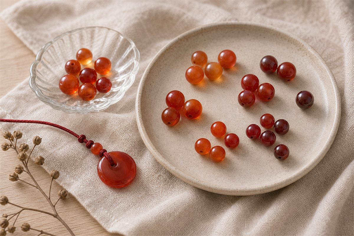 Loose red carnelian beads in honey-orange, orange-red, and reddish-brown tones on a ceramic tray