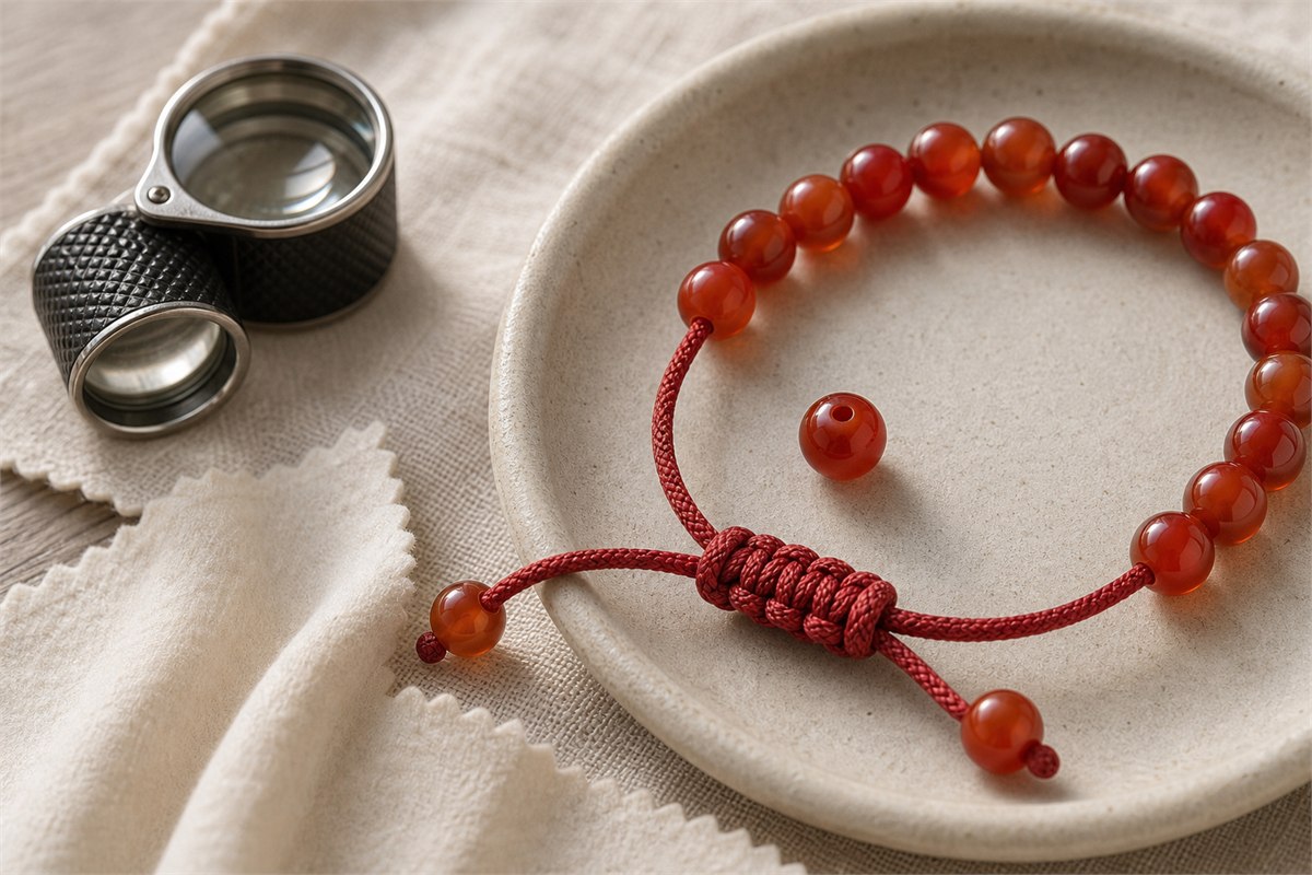 Close view of red carnelian beads, a cord knot, a loose drilled bead, and a jeweler loupe on soft cloth