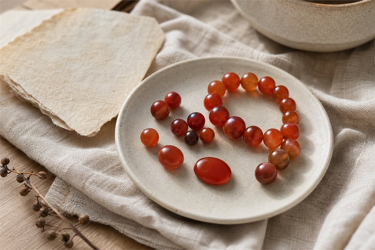 Red and orange carnelian beads and a polished cabochon on ivory linen and handmade paper
