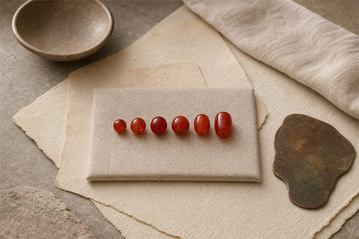 A row of red carnelian beads displayed on archival paper with a restrained bronze-toned accent