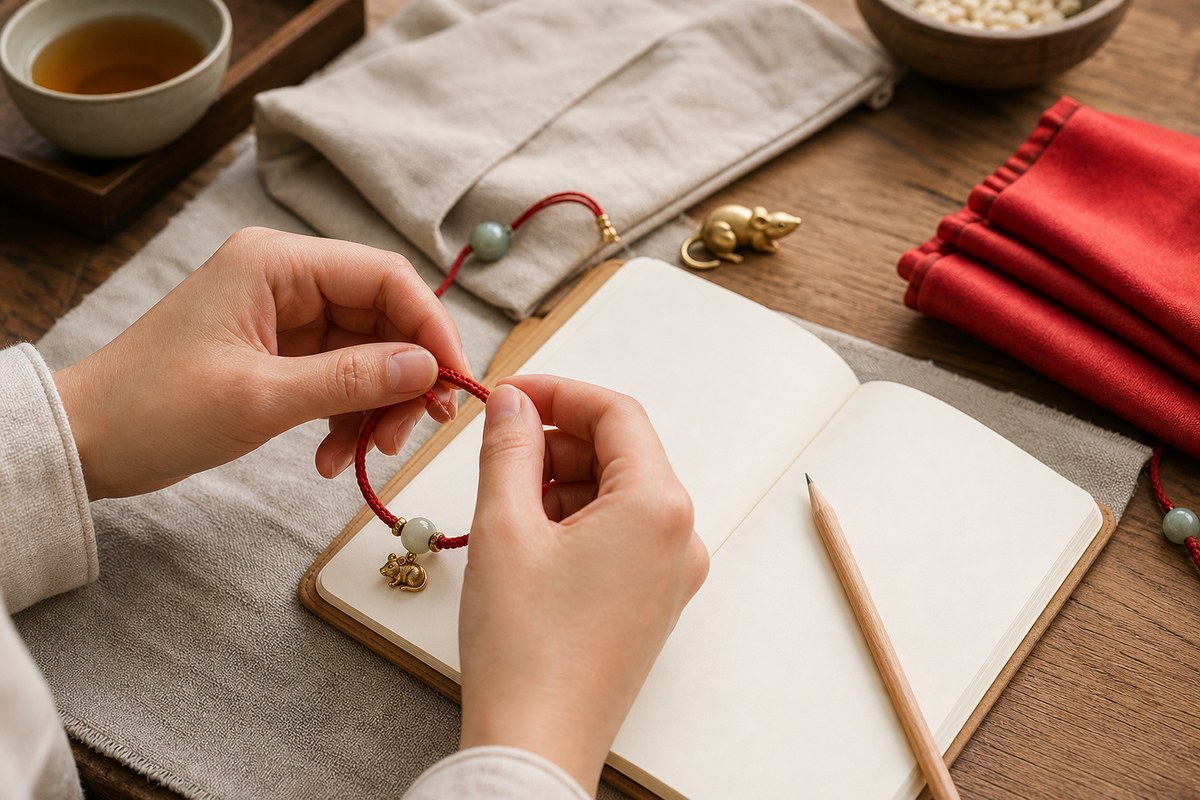 Hands adjusting a red string bracelet beside a blank notebook, jade bead, Rat charm, and folded red fabric