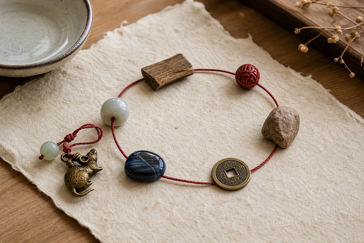 Small Rat charm with a black-blue stone, wood, earth stone, brass coin, jade bead, and red cord