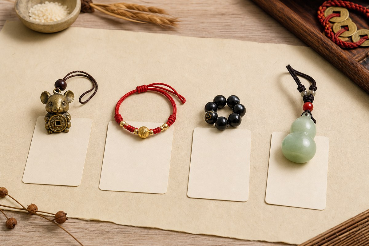 Separate blank cards with a Rat charm, red string bracelet, black stone beads, and jade gourd pendant