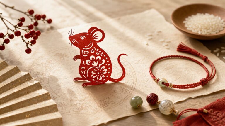 Symbolic paper-cut Rat with jade bead, rice grains, red cord, and handmade paper