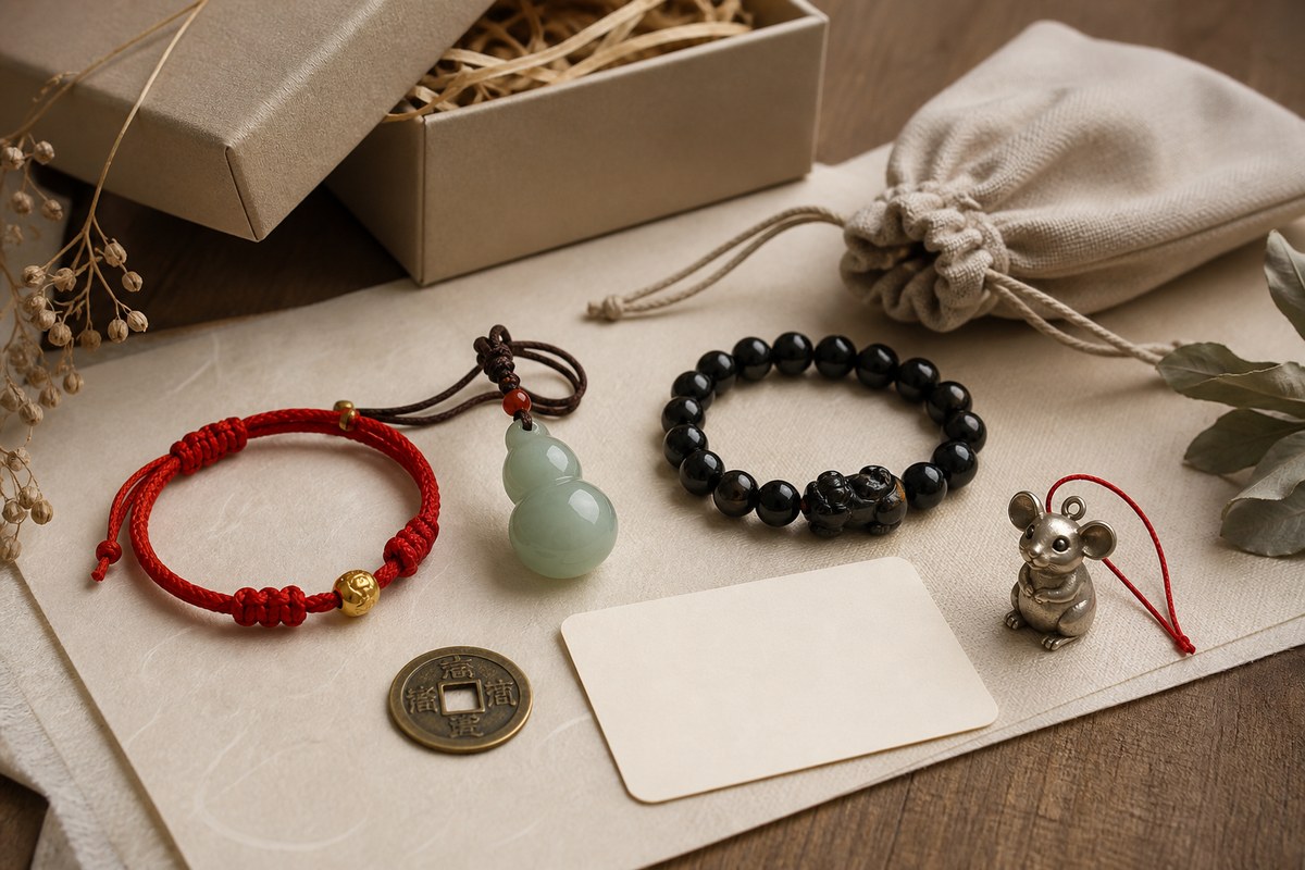 Red string bracelet, jade gourd pendant, black stone bracelet, brass coin, Rat charm, and blank gift card