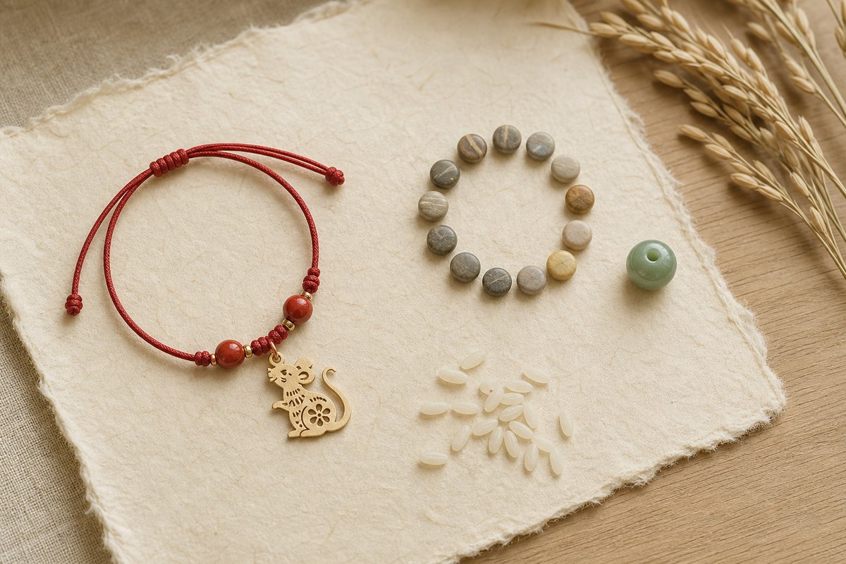 Red cord bracelet, jade bead, rice grains, twelve stone markers, and a small Rat zodiac charm on handmade paper