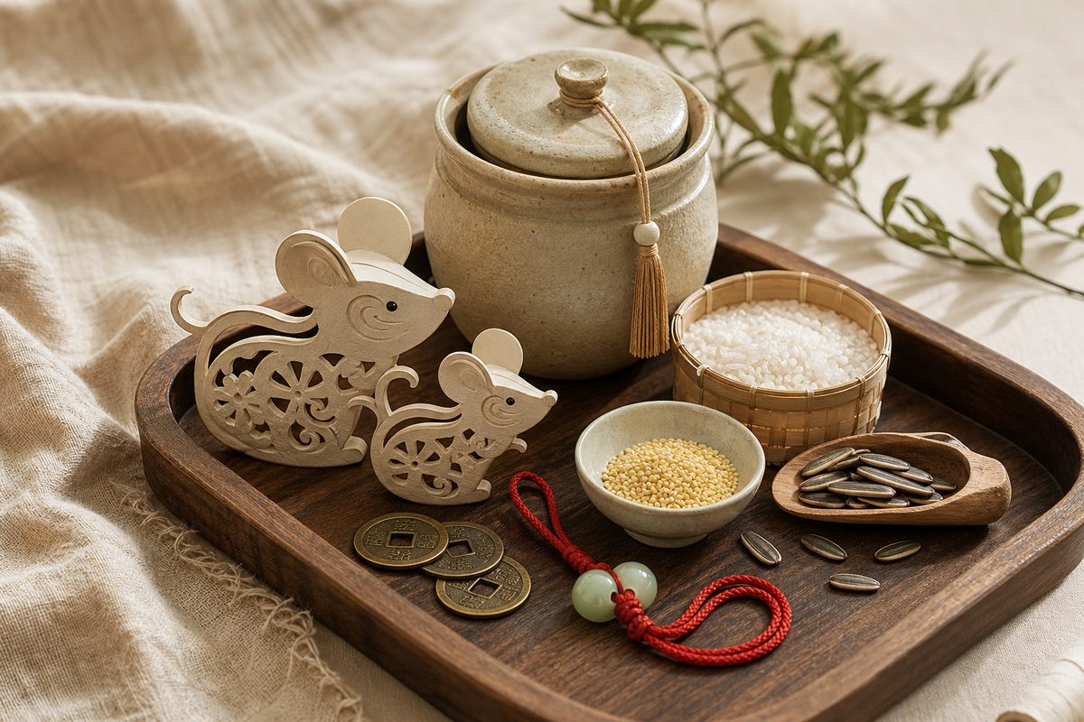 Ceramic grain jar, rice, seeds, aged coins, red cord, and small symbolic Rat figures on ivory linen