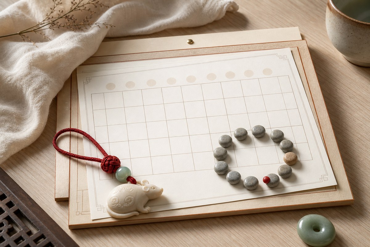 Blank lunar calendar cards with a Rat zodiac charm, red cord, twelve stone markers, and a jade bead
