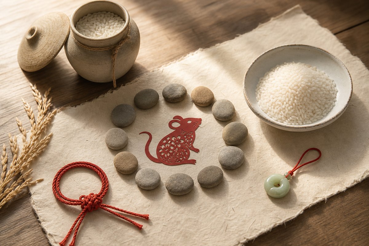 Paper-cut Rat motif inside twelve stone markers beside orderly grain storage, red cord, and jade