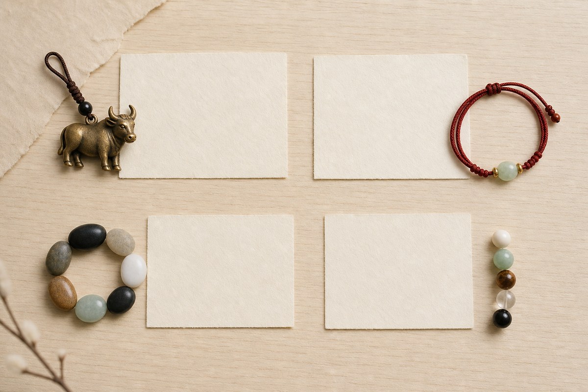 Separate blank cards with an ox charm, red cord bracelet, circular stone markers, and material beads