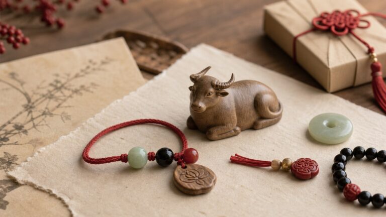 Small symbolic Ox figure with jade, dark beads, red cord accent, and a simple paper gift box