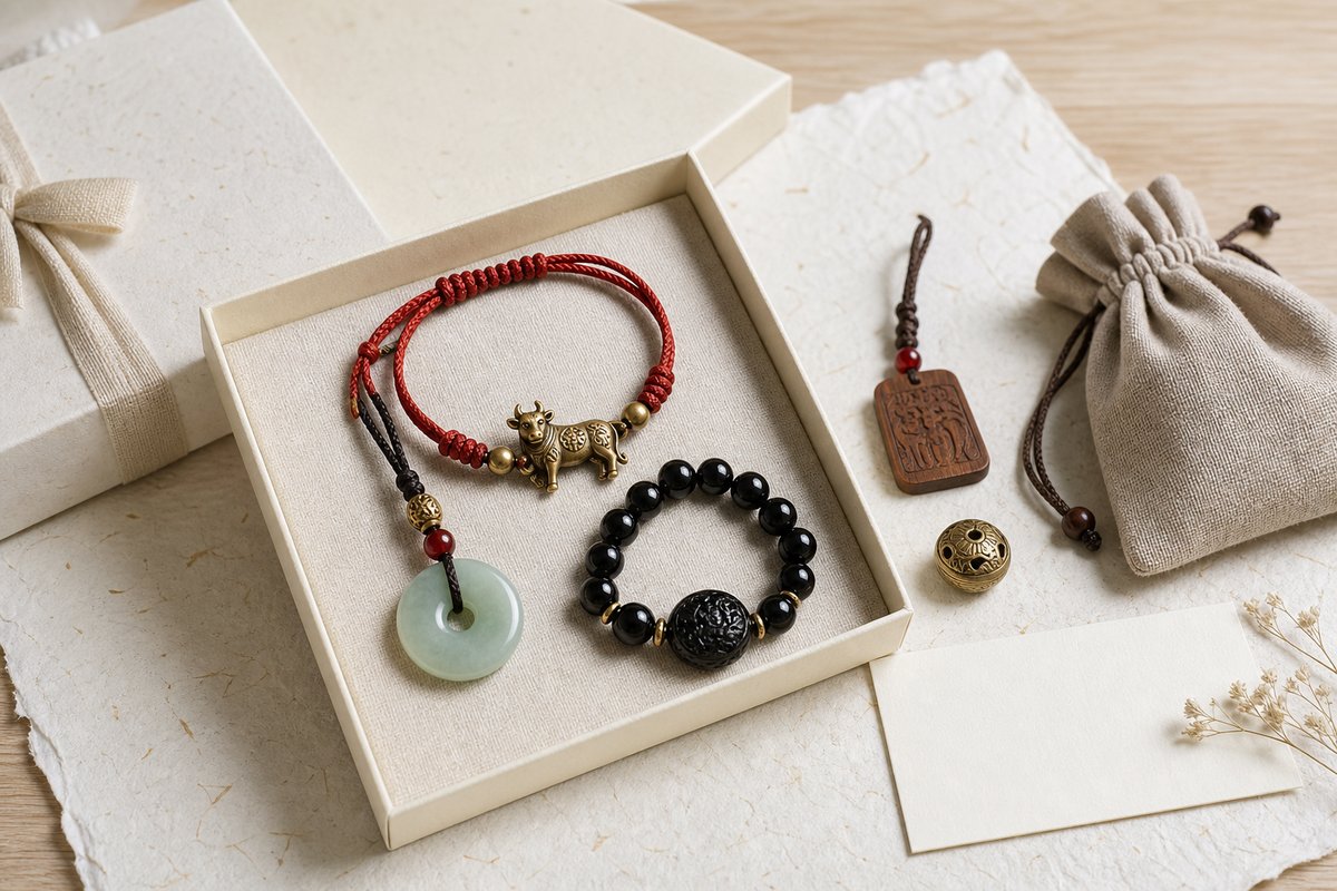 Cream gift box with red cord bracelet, ox charm, jade pendant, black obsidian beads, wooden charm, and blank gift card