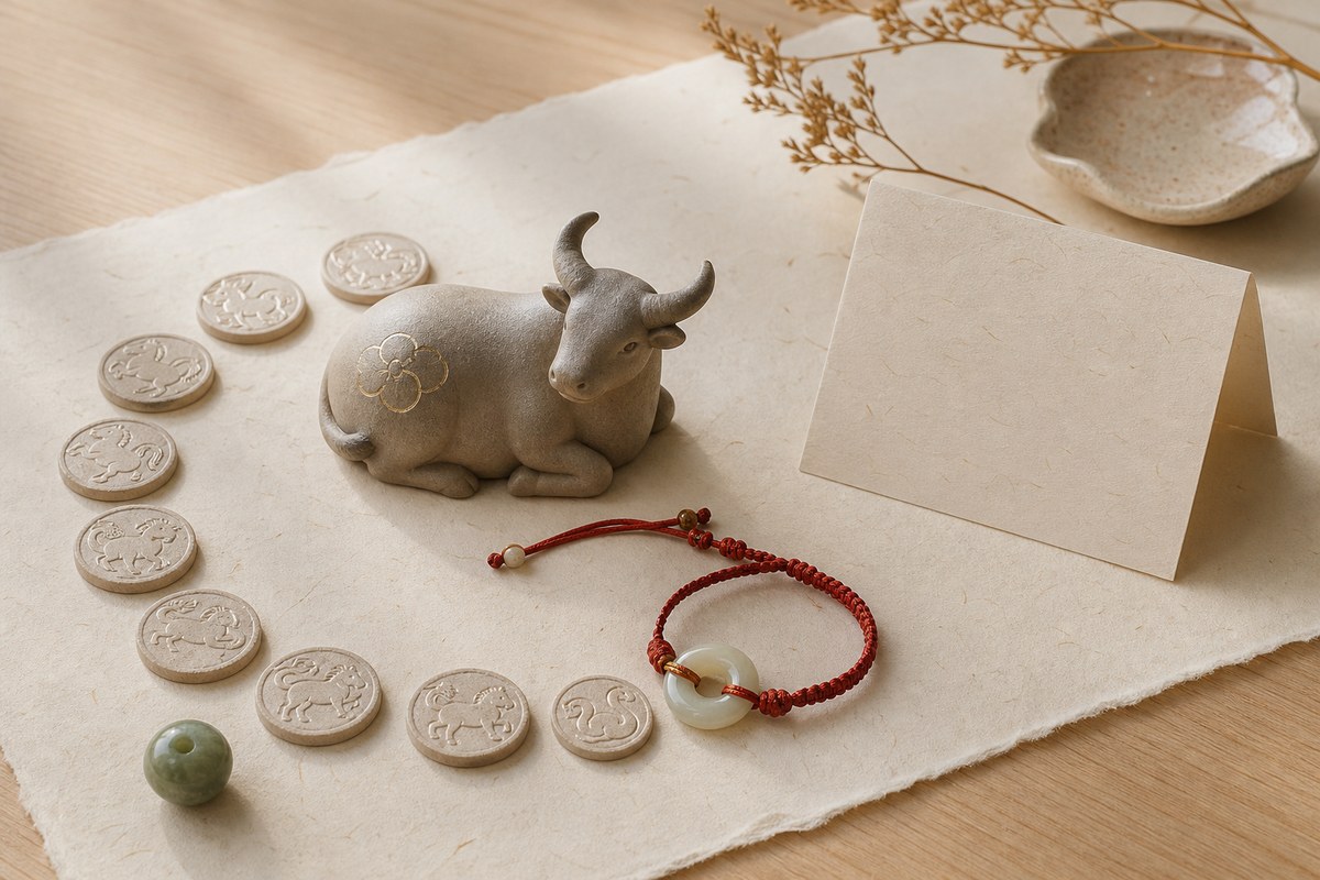 Small ceramic ox figure with red cord, jade bead, and twelve cycle markers on warm handmade paper