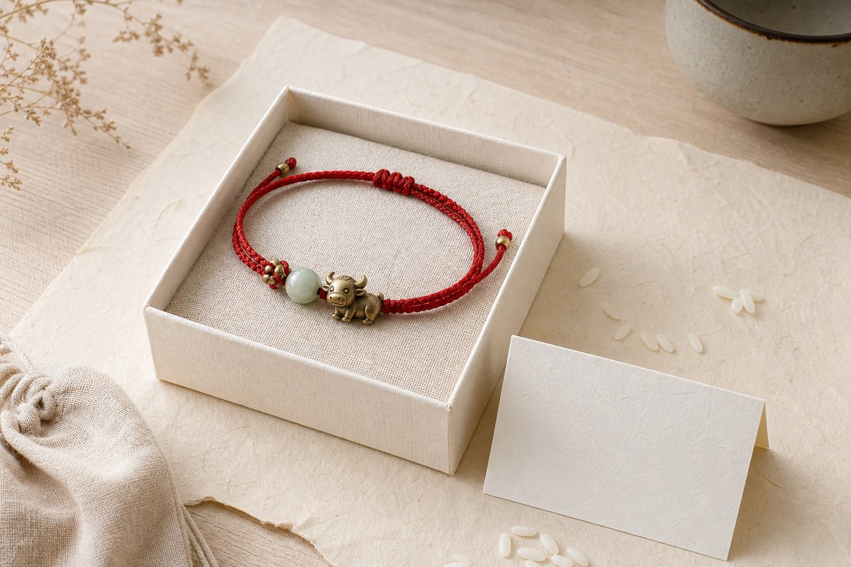 Red cord bracelet with a small ox charm, jade bead, blank note card, and cream gift box on warm paper