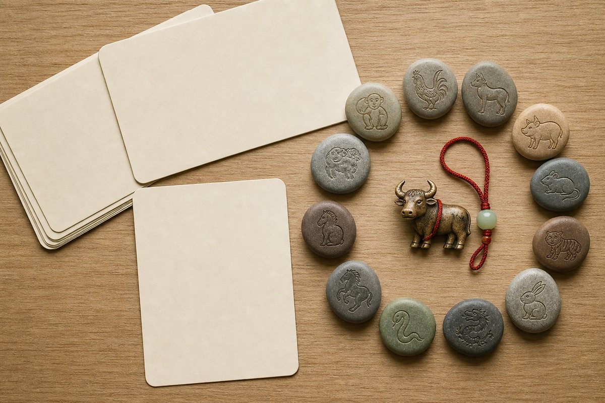 Blank calendar cards with a small ox token, red thread, jade bead, and twelve stone cycle markers