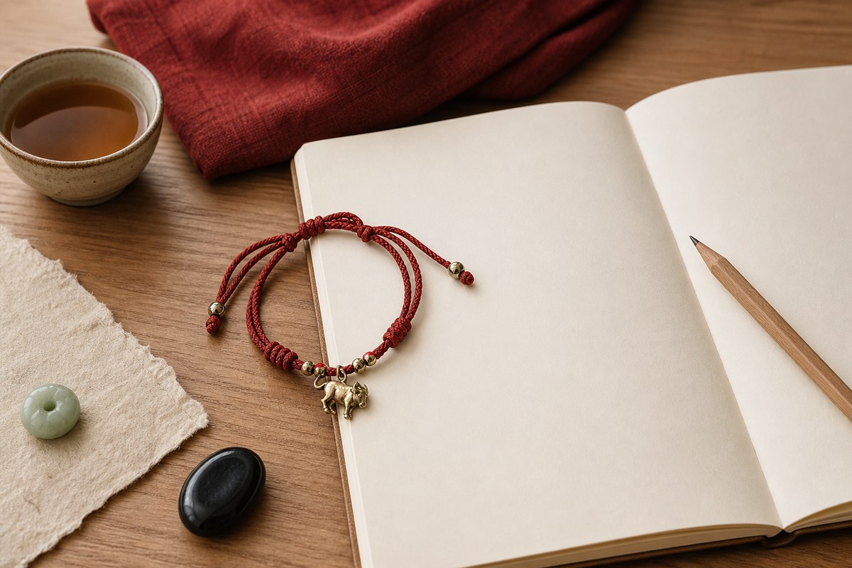 Red cord bracelet beside a blank notebook, pencil, small ox charm, jade bead, black stone, and folded red fabric