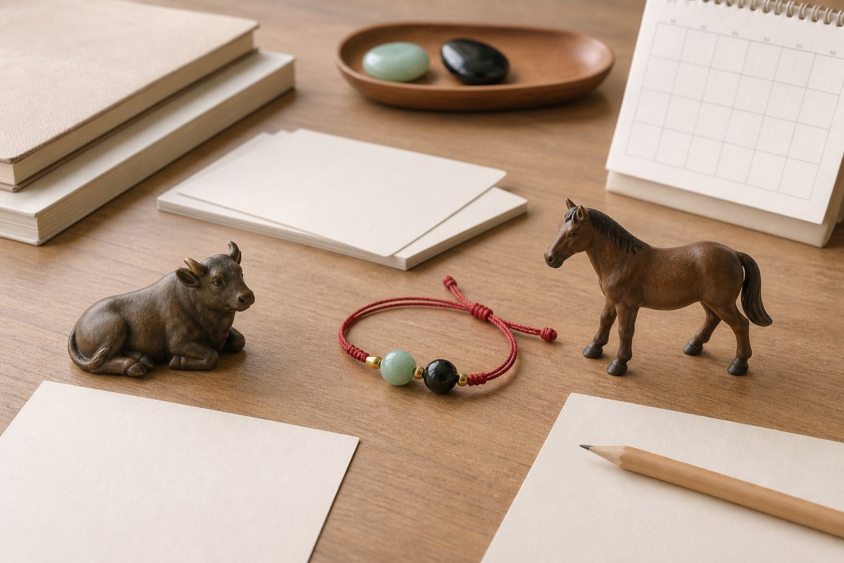 Small ox and horse tokens separated by a red cord with jade and black stone beside blank planning cards