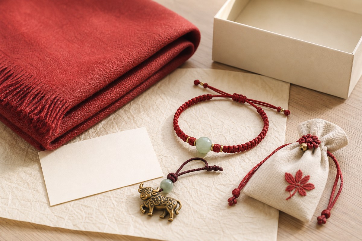 Folded muted red cloth, red cord bracelet, cream gift box, blank card, ox charm, jade bead, and handmade pouch