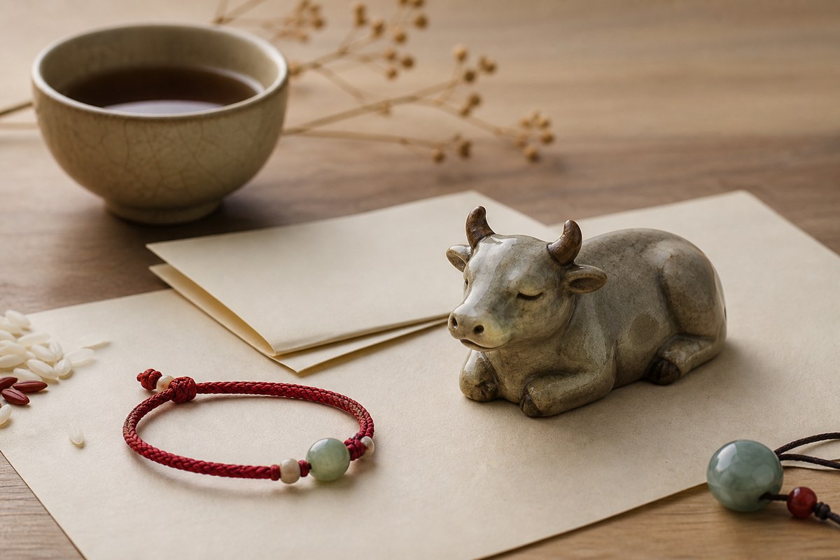 Small ceramic ox figure beside a red cord bracelet, jade bead, blank note, rice grains, and a ceramic tea cup