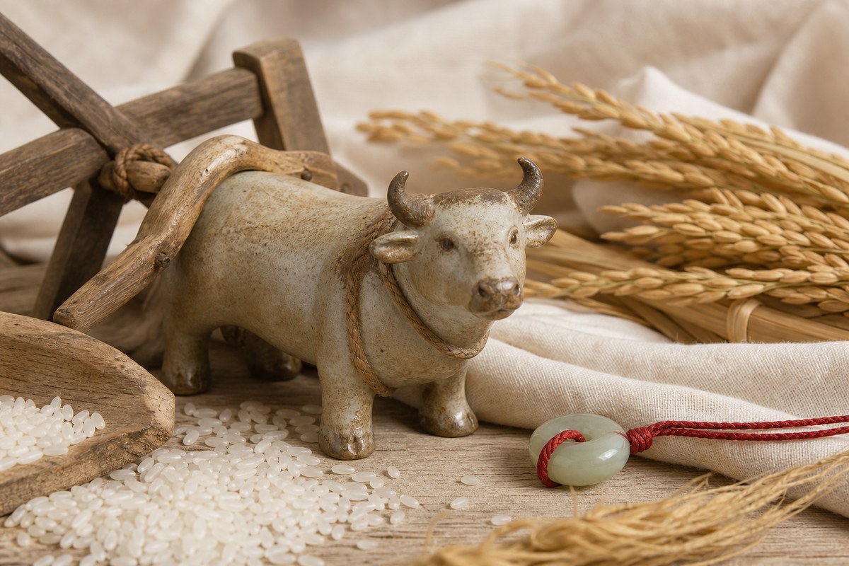 Ceramic ox figure with rice grains, wheat, pale wood texture, jade bead, and red cord on ivory linen
