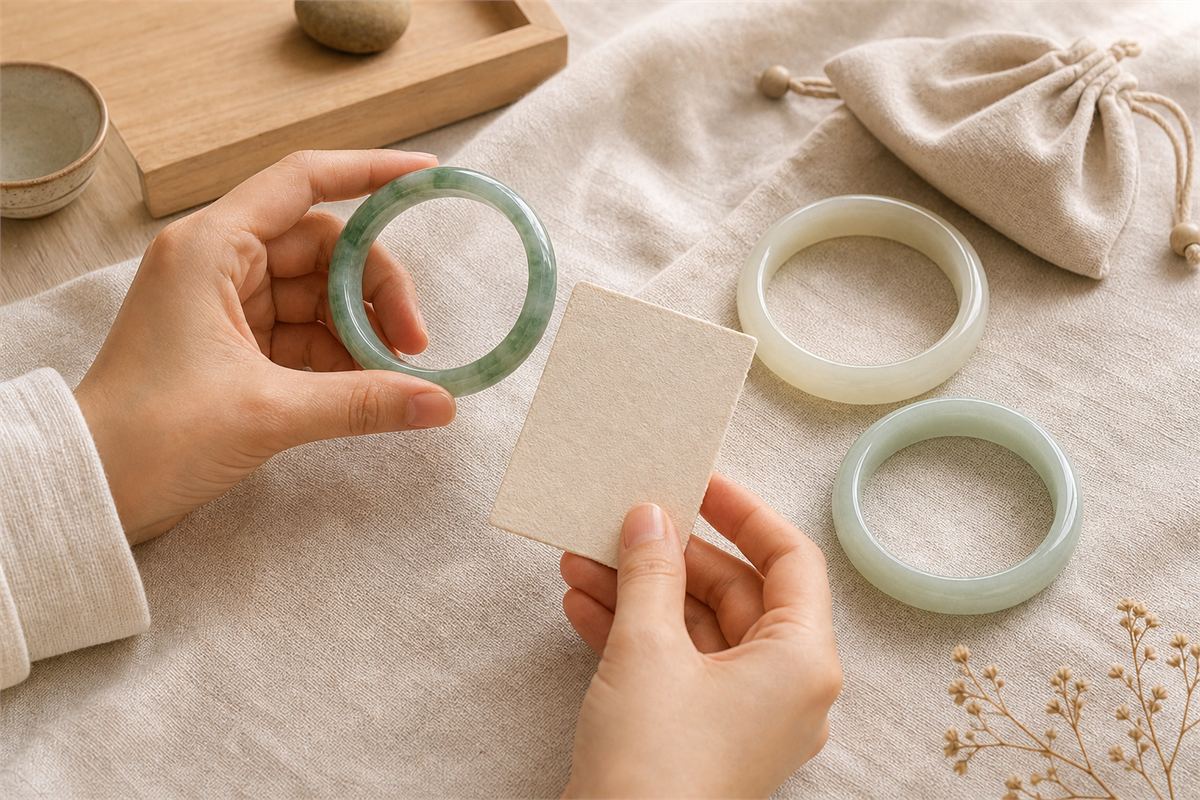 Hands comparing green and cream jade bangles with a blank measuring card on ivory linen