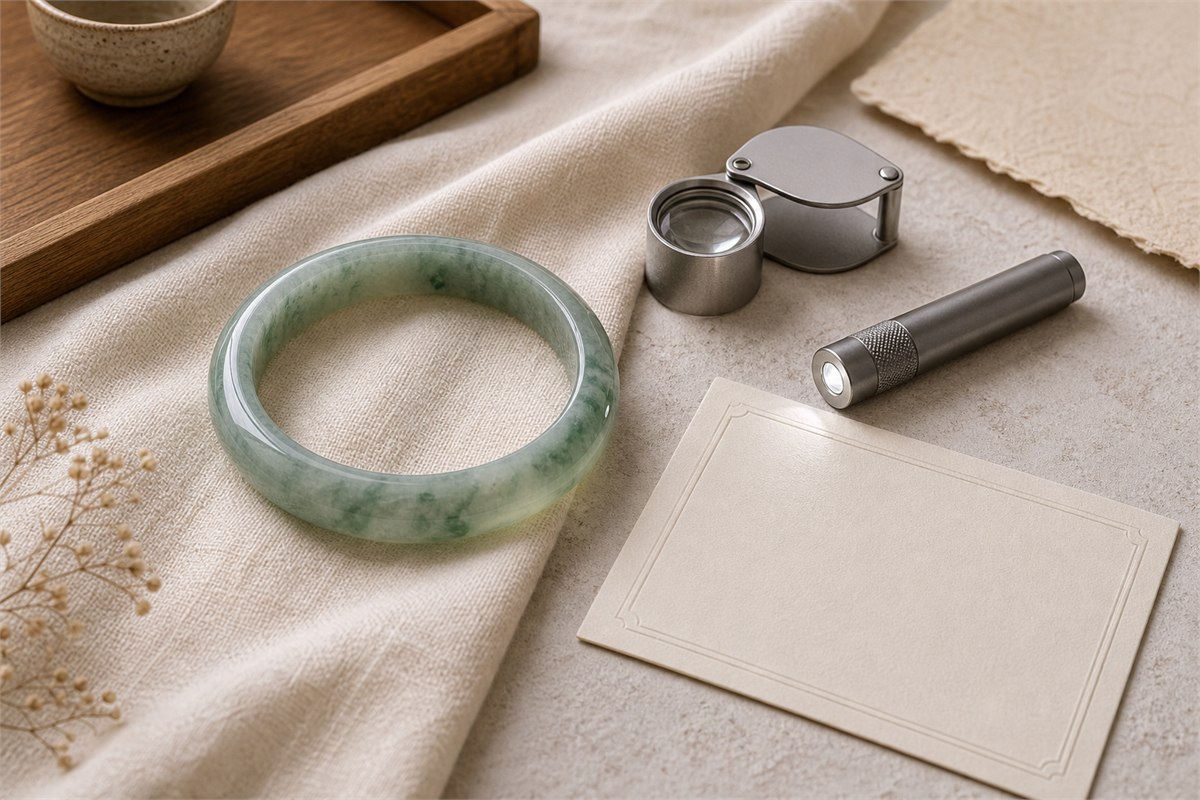 Green jade bangle beside a jeweler loupe, small flashlight, and blank certificate card