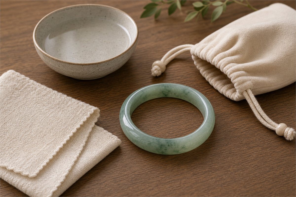 Green jade bangle with soft ivory cloth, ceramic water bowl, and cream storage pouch