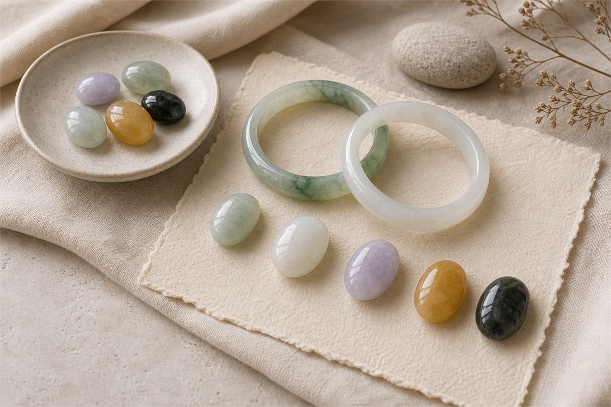 Muted jade color samples in green, white, lavender, yellow, and dark tones on ivory cloth